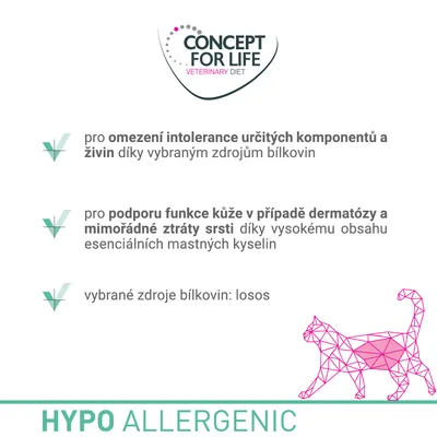 CONCEPT FOR LIFE VETERINARY DIET, omezení intolerance komponentů a živin, podpora funkce kůže při dermatóze a ztrátě srsti, zdroj bílkovin: losos, HYPO ALLERGENIC