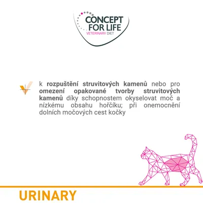 CONCEPT FOR LIFE VETERINARY DIET URINARY; k rozpuštění struvitových kamenů nebo omezení opakované tvorby struvitových kamenů u koček, nízký obsah hořčíku, okyselování moči.