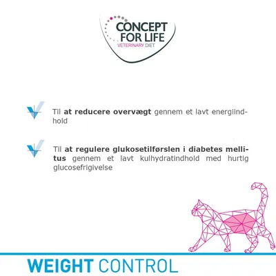 CONCEPT FOR LIFE VETERINARY DIET. Til at reducere overvægt gennem et lavt energiindhold. Til at regulere glukosetilførslen i diabetes mellitus gennem lavt kulhydratindhold. WEIGHT CONTROL.