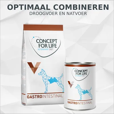 CONCEPT FOR LIFE Veterinary Diet Gastro Intestinal droogvoer en natvoer voor honden, verpakking met hondensilhouet. Tekst: Optimaal combineren, droogvoer en natvoer. CONCEPT FOR LIFE Veterinary Diet Gastro Intestinal droogvoer en natvoer voor honden, verpakking met hondensilhouet. Tekst: Optimaal combineren, droogvoer en natvoer.