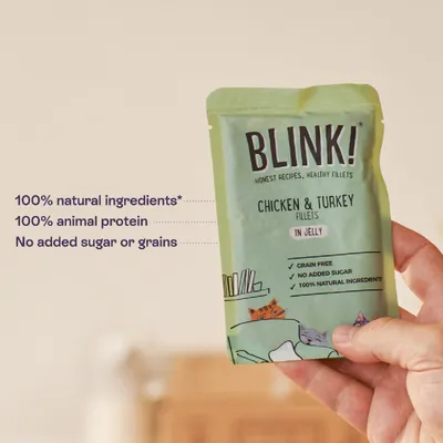 BLINK! Chicken & Turkey Fillets in Jelly. 100% natural ingredients, 100% animal protein, no added sugar or grain, grain-free.