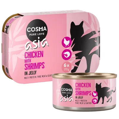 Cosma Pure Love Asia Kyckling med räkor i gelé, Multi Protein, 6 x 170g. Förpackning med kattmotiv och produktbeskrivning.