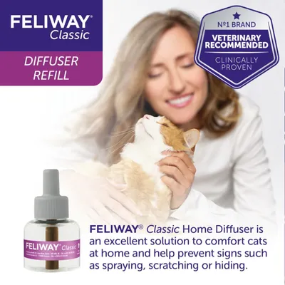 FELIWAY Classic Diffuser Refill, bottle shown. Text: FELIWAY Classic Home Diffuser is an excellent solution to comfort cats at home and help prevent signs such as spraying, scratching or hiding.