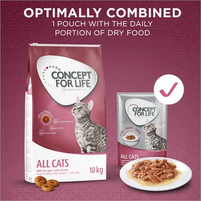 Image shows Concept for Life All Cats dry food 10kg bag and wet food pouch with text: Optimally combined, 1 pouch with the daily portion of dry food. Plate with wet food also shown.