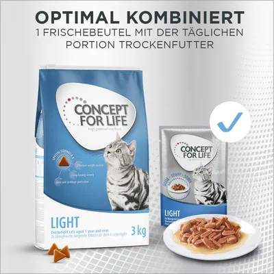Concept for Life Light, Trockenfutter 3 kg und Nassfutter für übergewichtige Katzen ab 1 Jahr. Optimal kombiniert: 1 Frischebeutel mit der täglichen Portion Trockenfutter.