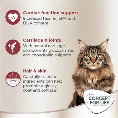 Cardiac function support with increased taurine, EPA and DHA; cartilage and joints with glucosamine and chondroitin sulphate; hair and skin for glossy coat and soft skin. Concept for Life.