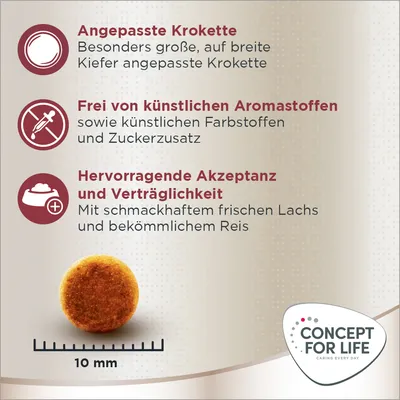 Angepasste Krokette für breite Kiefer, frei von künstlichen Aromastoffen, hervorragende Akzeptanz mit frischem Lachs und Reis. Grösse: 10 mm. Concept for Life Logo sichtbar.