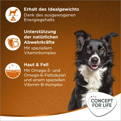 Concept for Life. Erhalt des Idealgewichts durch ausgewogenen Energiegehalt, Unterstützung der Abwehrkräfte mit Vitaminkomplex, Haut & Fell mit Omega-3/-6 und Vitamin-B-Komplex.