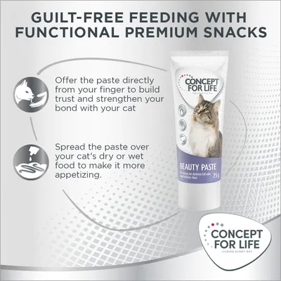 Instructions for use: offer paste from your finger to build trust with your cat or spread over dry or wet food to make it more appetising. Concept for Life Beauty Paste shown.