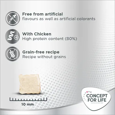 Free from artificial flavours and colourants, with chicken high protein content 80%, grain-free recipe. Piece size shown with 10 mm scale. Concept for Life Caring Every Day logo.