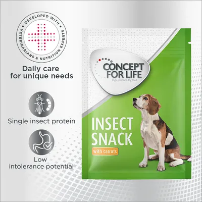 CONCEPT FOR LIFE Insect Snack with carrots, slika pakiranja s psom. Tekst: Daily care for unique needs, Single insect protein, Low intolerance potential. S engleskim tekstom.