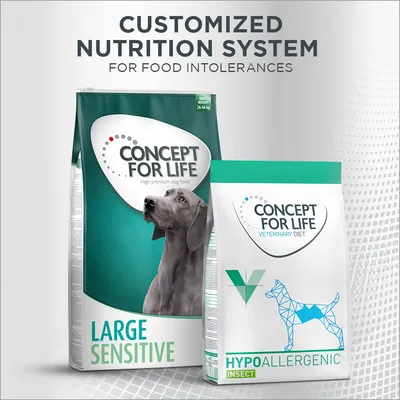 Concept for Life Large Sensitive and Concept for Life Veterinary Diet Hypoallergenic Insect dog food packaging. Text: Customized nutrition system for food intolerances.