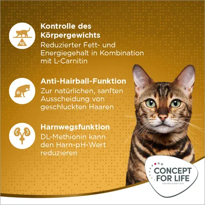 Concept for Life. Kontrolle des Körpergewichts: Reduzierter Fett- und Energiegehalt mit L-Carnitin. Anti-Hairball-Funktion: Sanfte Ausscheidung von Haaren. Harnwegsfunktion: DL-Methionin reduziert pH-Wert.