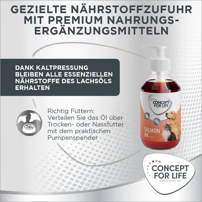 Gezielte Nährstoffzufuhr mit Premium Nahrungsergänzungsmitteln. Kaltpressung bewahrt essentielle Nährstoffe des Lachsöls. Anwendung: Öl über Trocken- oder Nassfutter mit Pumpspender verteilen.