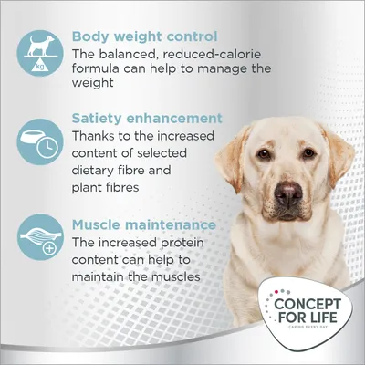 Body weight control, satiety enhancement and muscle maintenance benefits: reduced-calorie formula, increased dietary fibre, and higher protein content. Concept for Life brand shown.