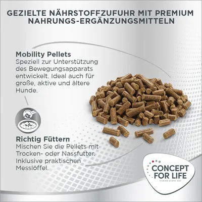 Pellets Mobility Concept for Life, instructions en allemand : à mélanger avec nourriture sèche ou humide, inclus cuillère doseuse. Texte et marque visibles sur l’image.