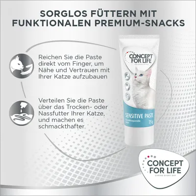 Concept for Life Sensitive Paste 75g. Anleitung: Paste direkt vom Finger reichen für Vertrauen mit Katze oder über Trocken-/Nassfutter verteilen, um es schmackhafter zu machen.