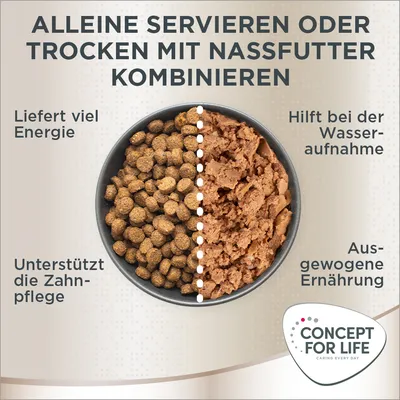 Image avec texte en allemand : « Alleine servieren oder trocken mit Nassfutter kombinieren ». Marque visible : Concept for Life. Texte non traduit, informations sur croquettes et pâtée.