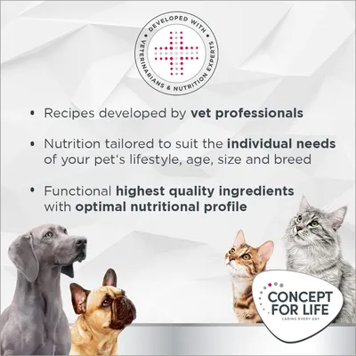 Recipes developed by vet professionals, nutrition tailored to individual needs, and highest quality ingredients with optimal nutritional profile. Concept for Life brand shown.