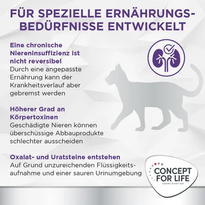 Für spezielle Ernährungsbedürfnisse entwickelt. Informationen zu chronischer Niereninsuffizienz, Körpertoxinen und Oxalat- sowie Uratsteinen. Concept for Life Logo sichtbar.