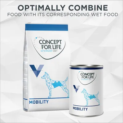 CONCEPT FOR LIFE Veterinary Diet MOBILITY suha i mokra hrana za pse, prikaz pakiranja s plavim geometrijskim psom i natpisom na engleskom jeziku: Optimally combine food with its corresponding wet food.