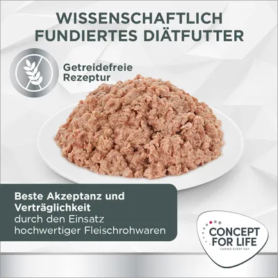 Wissenschaftlich fundiertes Diätfutter, getreidefreie Rezeptur. Beste Akzeptanz und Verträglichkeit durch hochwertige Fleischrohwaren. Marke: Concept for Life.