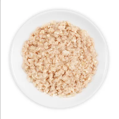 Nahaufnahme von zerkleinertem Nassfutter auf einem weissen Teller, beige Farbe und feine Textur.