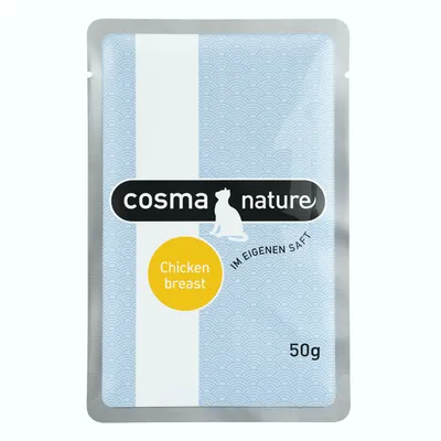 Cosma Nature kyllingebryst i egen saft, 50g. Emballage med blåt mønster og gul cirkel.