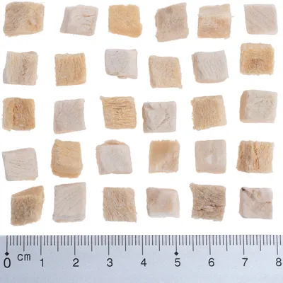 Lyofilizované kostky v různých velikostech, béžové až světle hnědé, s měřítkem od 0 do 5 cm pro určení velikosti.