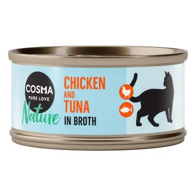 Cosma Pure Love Nature Chicken and Tuna in Broth, lattina con silhouette di gatto e icone pollo e pesce. Testo in inglese sull'etichetta.