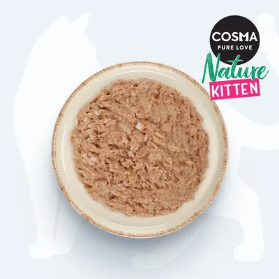 Cosma Pure Love Nature Kitten. Schale mit zerkleinertem Nassfutter für Kätzchen, natürliche Zutaten.