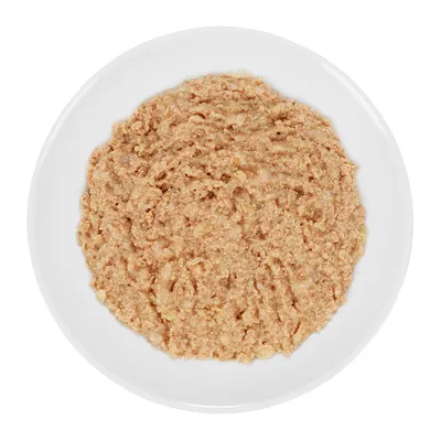 Portion av ljusbrun patéliknande våtfoder på vit tallrik, ingen synlig förpackning eller märkning.