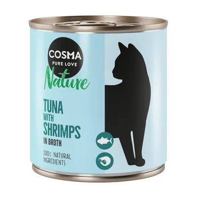 Cosma Nature kattenvoer, tonijn met garnalen in bouillon, 100% natuurlijke ingrediënten. Silhouet van een kat en iconen voor vis en garnalen zichtbaar.