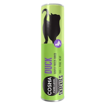 Cosma Snackies Duck, varsamt frystorkat, 100 % rent kött. Grön förpackningsdesign med svart kattsiluett och anksymbol.
