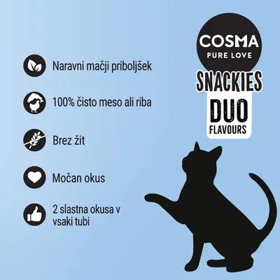 COSMA PURE LOVE SNACKIES DUO FLAVOURS. Naravni mačji priboljšek, 100 % čisto meso ali riba, brez žit, močan okus, 2 slastna okusa v vsaki tubi.