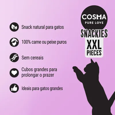 COSMA PURE LOVE SNACKIES XXL PIECES. Snack natural para gatos, 100% carne ou peixe puros, sem cereais, cubos grandes para prolongar o prazer, ideais para gatos grandes.