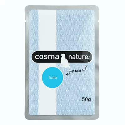 cosma nature Tuna, IM EIGENEN SAFT, 50g. Kattefoder i pose med blå og hvidt mønster. Synlig tekst på engelsk og tysk.
