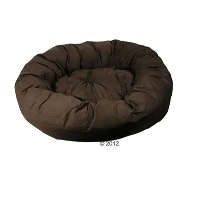 Ronde, bruine stoffen hondenmand met opstaande rand en gewatteerde binnenkant. Geen merknaam of extra tekst zichtbaar.