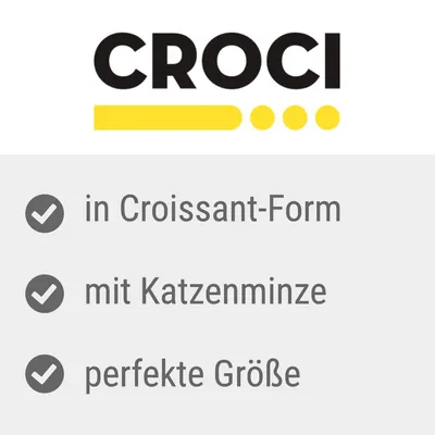 CROCI. Texte en allemand : in Croissant-Form, mit Katzenminze, perfekte Größe.
