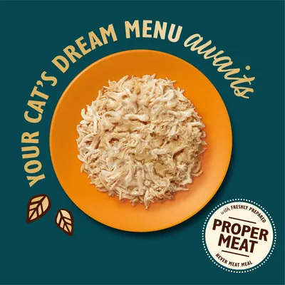 Shredded meat served on an orange plate with text: Your cat’s dream menu awaits. Badge reads: With freshly prepared proper meat, never meat meal.