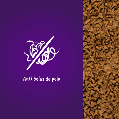 Texto visible: Anti bolas de pelo, junto a croquetas marrones en forma de estrella. Imagen indica función anti bolas de pelo del producto.