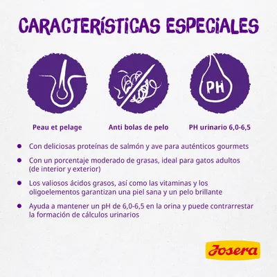Características especiales: piel y pelaje, anti bolas de pelo, PH urinario 6,0–6,5. Proteínas de salmón y ave, grasas moderadas, ácidos grasos, vitaminas, oligoelementos. Josera.