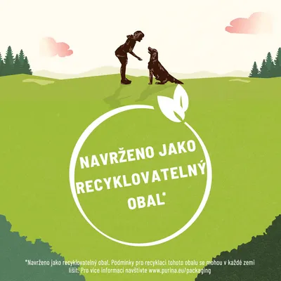 NAVRŽENO JAKO RECYKLOVATELNÝ OBAL* (text v češtine). Podmienky recyklácie sa môžu líšiť podľa krajiny. Viac na www.purina.eu/packaging