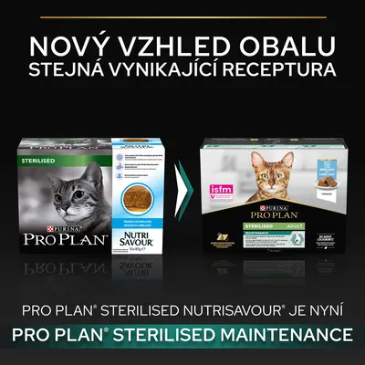 Porovnanie starého a nového balenia krmiva pre mačky Purina Pro Plan Sterilised. Text: Nový vzhled obalu, stejná vynikající receptura. Pro Plan Sterilised Nutrisavour je nyní Pro Plan Sterilised Maintenance.