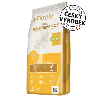 Fitmin Mini Maintenance 15 kg, český výrobek. Obsah: 71 % živočišných složek, 50 % čerstvé kuřecí maso, 17 % sušené kuřecí, 4 % rybí složky. Pro malé dospělé psy.