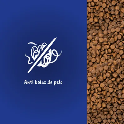 Texto visible: Anti bolas de pelo, junto a croquetas marrones de pienso. Imagen con símbolo tachado sobre una bola de pelo.