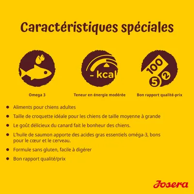 Caractéristiques spéciales : Omega 3, teneur en énergie modérée, bon rapport qualité-prix. Aliments pour chiens adultes, taille de croquette moyenne à grande, sans gluten, huile de saumon.