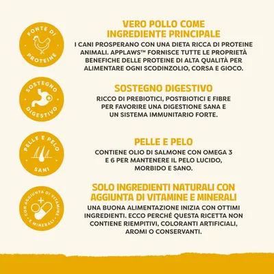 Vantaggi: vero pollo come ingrediente principale, supporta la digestione, pelle e pelo sani grazie all’olio di salmone, solo componenti naturali con vitamine e minerali, senza riempitivi o additivi artificiali. Vantaggi: vero pollo come ingrediente principale, supporta la digestione, pelle e pelo sani grazie all’olio di salmone, solo componenti naturali con vitamine e minerali, senza riempitivi o additivi artificiali.