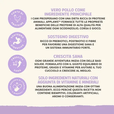 Vantaggi: vero pollo come ingrediente principale, sostegno della digestione grazie a prebiotici e postbiotici, crescita sana, solo componenti naturali con vitamine e minerali aggiunti. Vantaggi: vero pollo come ingrediente principale, sostegno della digestione grazie a prebiotici e postbiotici, crescita sana, solo componenti naturali con vitamine e minerali aggiunti.