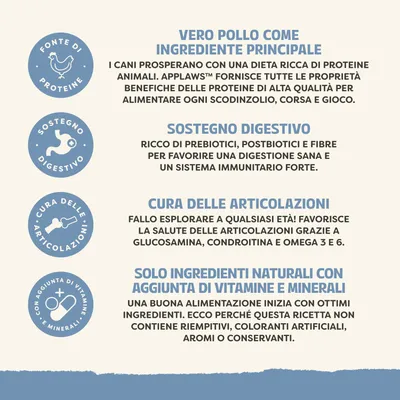 Vantaggi: vero pollo come ingrediente principale, sostegno della digestione, cura delle articolazioni grazie a glucosammina e condroitina, solo componenti naturali con vitamine e minerali, senza riempitivi. Vantaggi: vero pollo come ingrediente principale, sostegno della digestione, cura delle articolazioni grazie a glucosammina e condroitina, solo componenti naturali con vitamine e minerali, senza riempitivi.